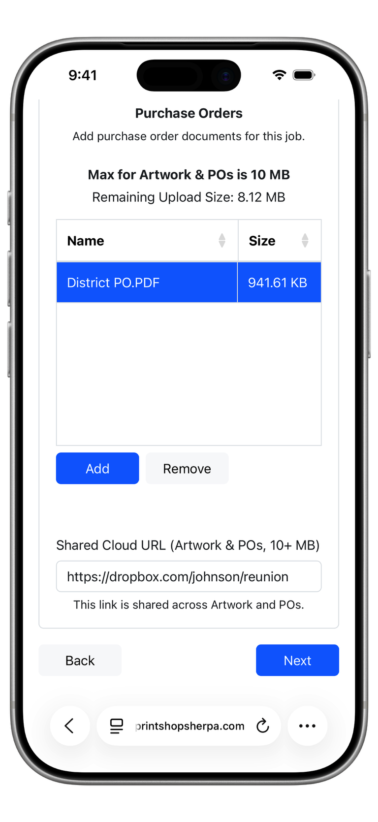 Purchase Order Bottom Screenshot
